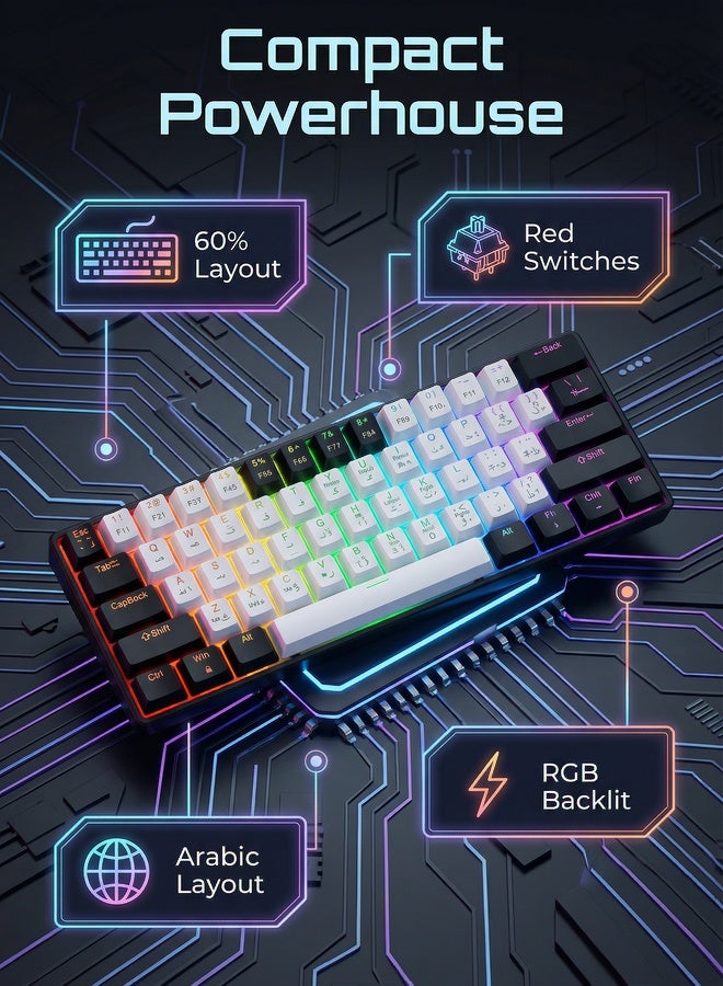 AOR Esports Keyboard, gaming keyboard, red axis, Arabic keycap, Arabic keyboard, 12 RGB scrolling lighting effect, Type-C interface, 61 compact key design, wired keyboard, white keyboard - Image 1